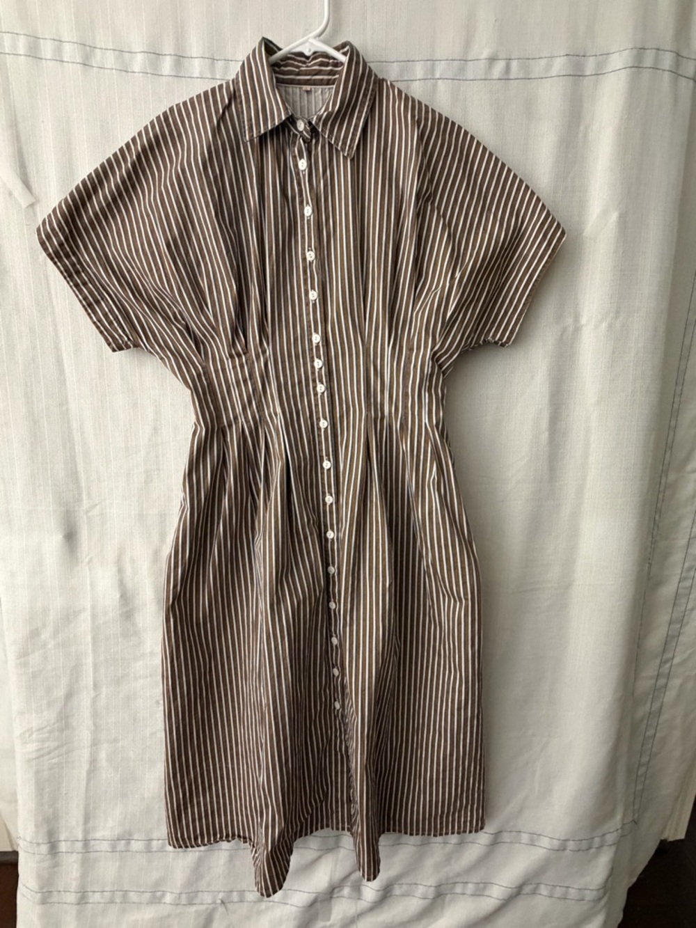 Striped Cotton Shirt Dress Brown Blue White Button Front Size S(A527) - Picture 2 of 13